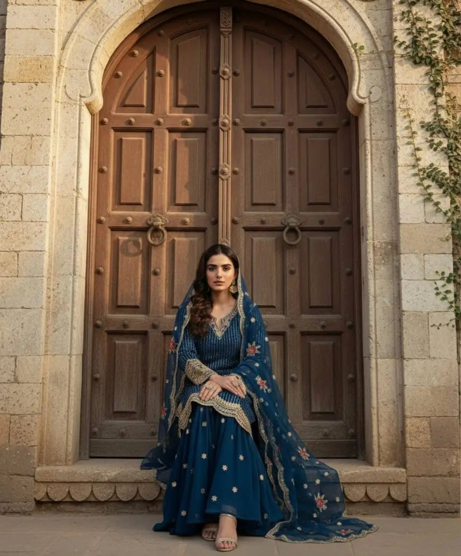 Designer Embroidered Georgette Sharara Suit Set