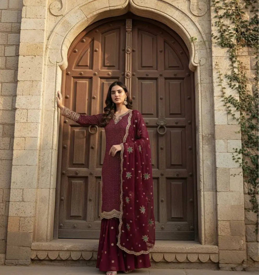Designer Embroidered Georgette Sharara Suit Set