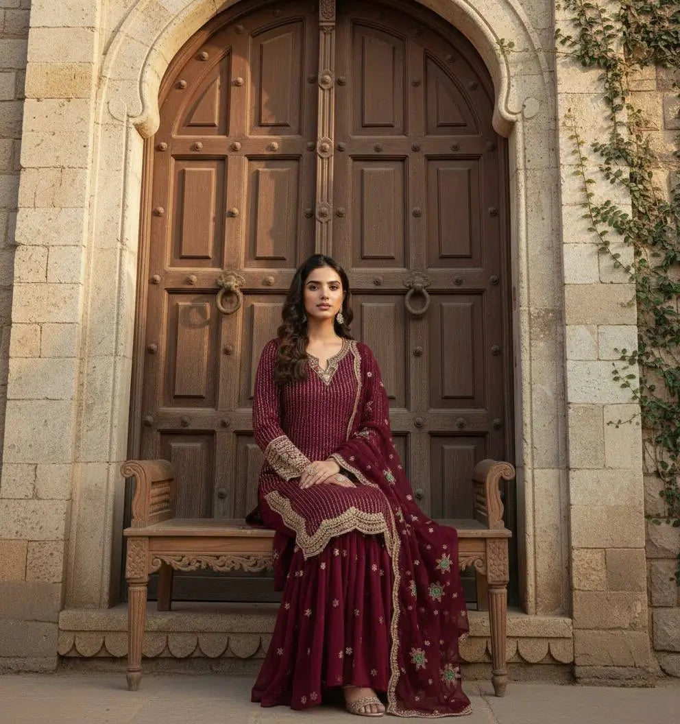 Designer Embroidered Georgette Sharara Suit Set
