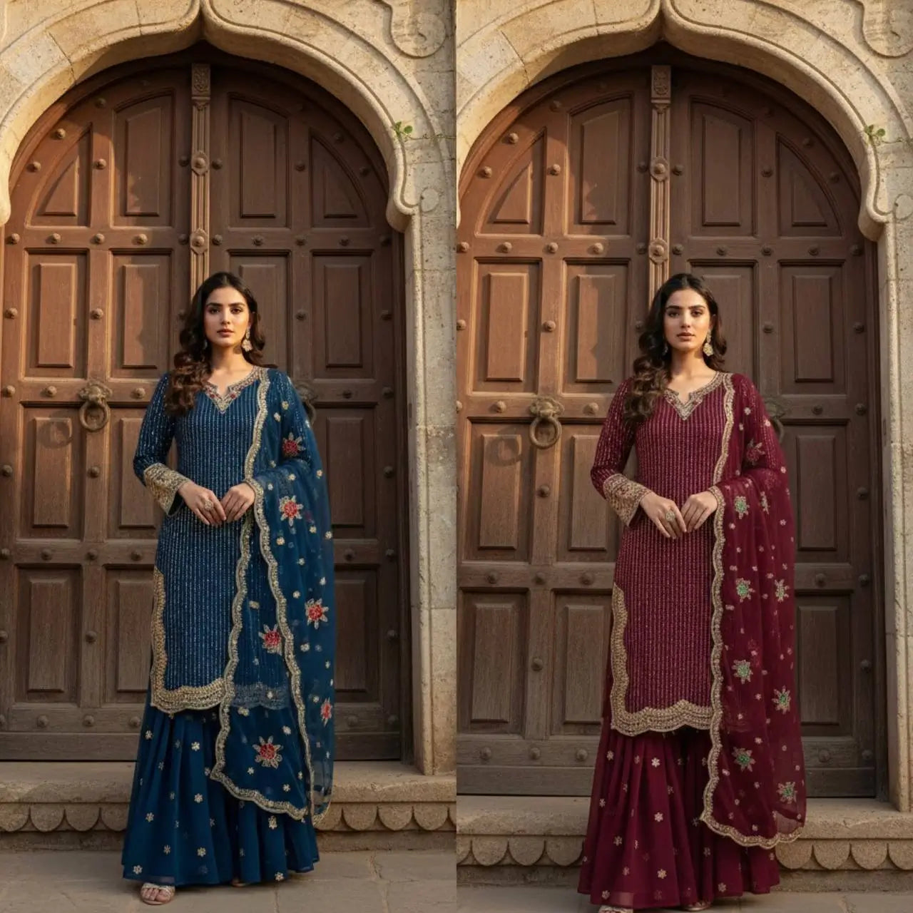 Designer Embroidered Georgette Sharara Suit Set