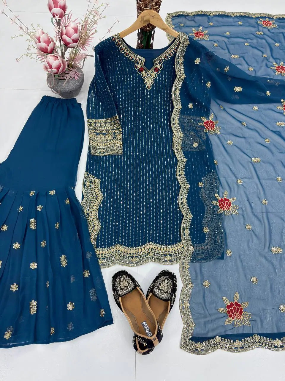 Designer Embroidered Georgette Sharara Suit Set