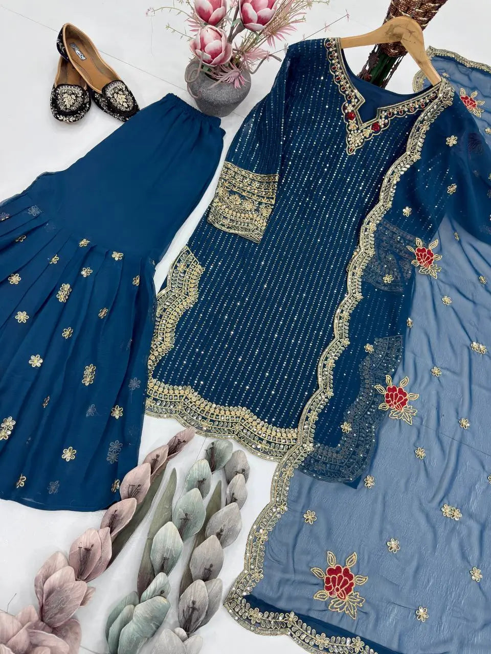 Designer Embroidered Georgette Sharara Suit Set