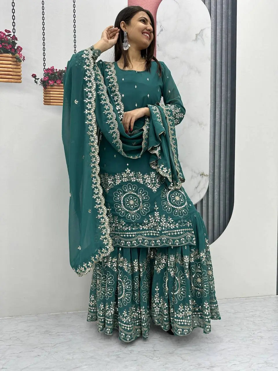 Designer Embroidered Georgette Sharara and Dupatta Set