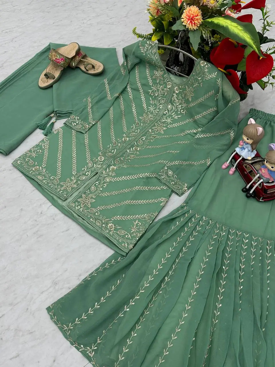 Designer Embroidered Georgette Sharara and Dupatta Set