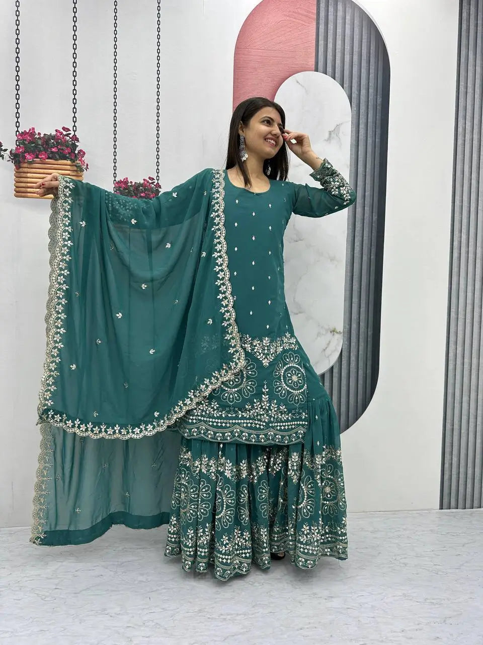 Designer Embroidered Georgette Sharara and Dupatta Set