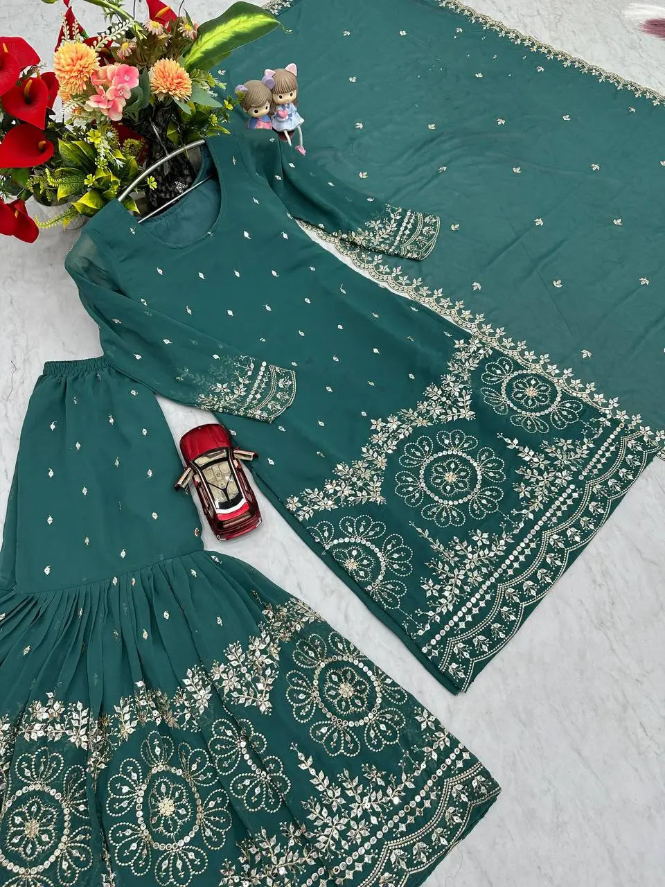 Designer Embroidered Georgette Sharara and Dupatta Set
