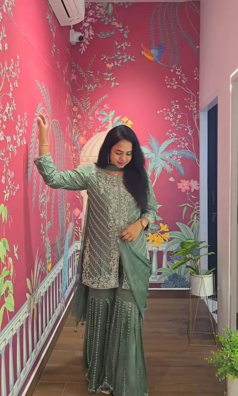 Designer Embroidered Georgette Sharara and Dupatta Set