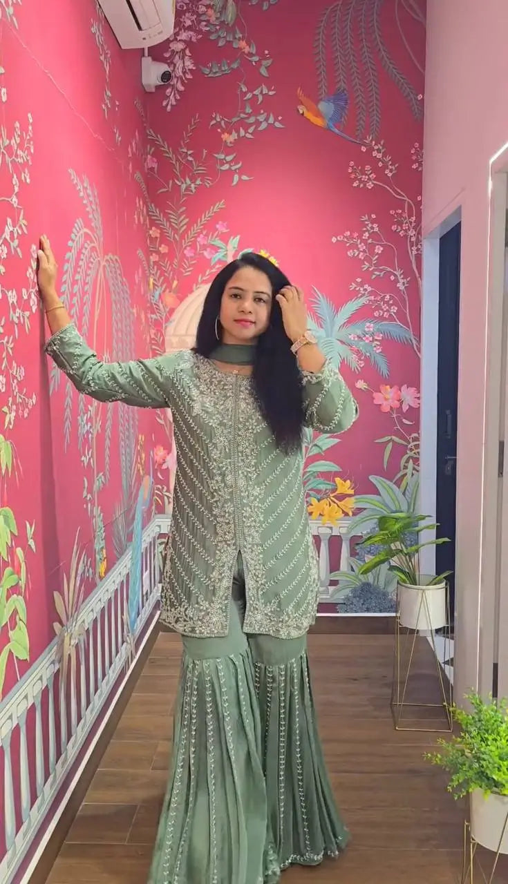 Designer Embroidered Georgette Sharara and Dupatta Set