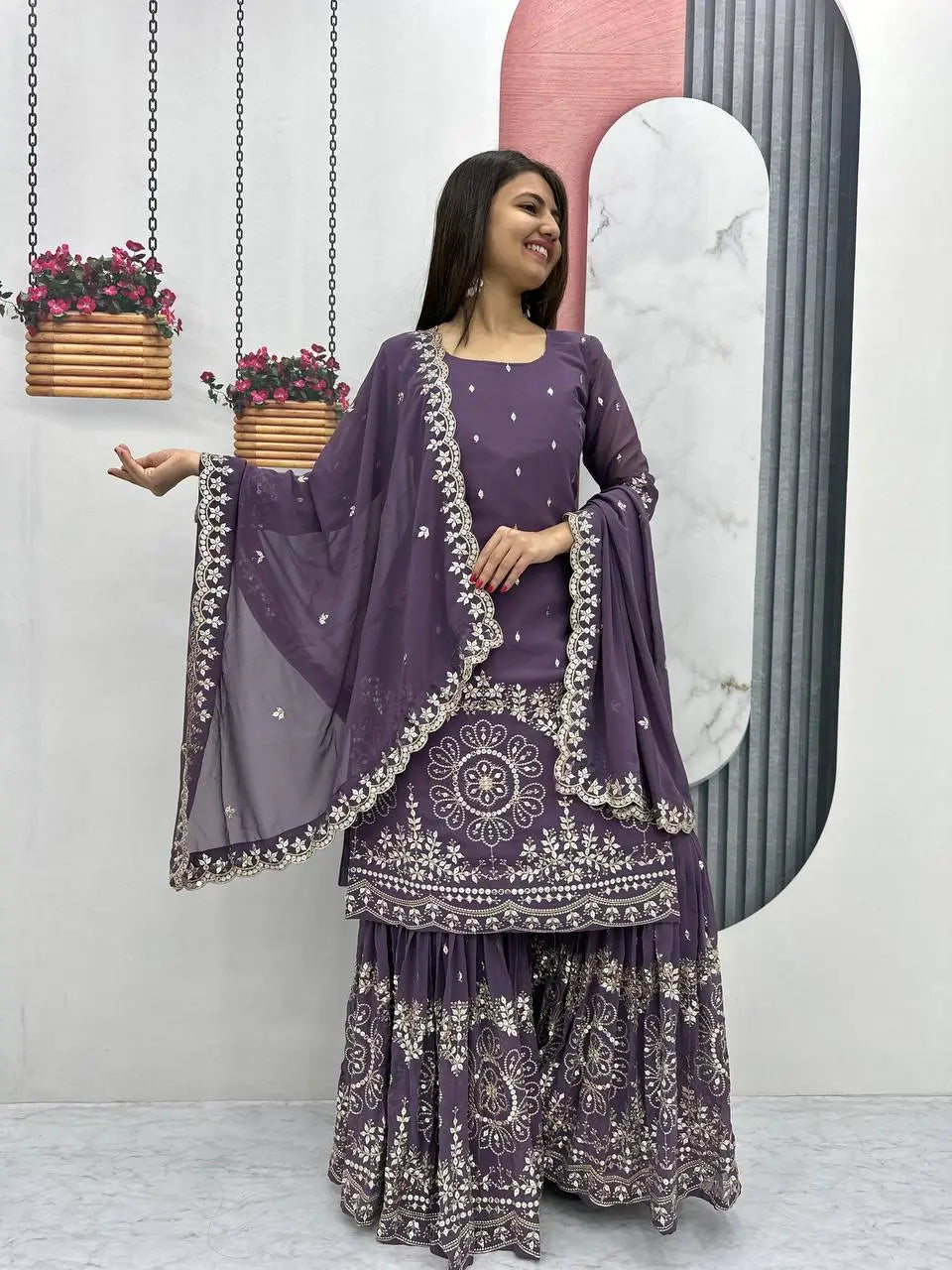 Designer Embroidered Georgette Sharara and Dupatta Set