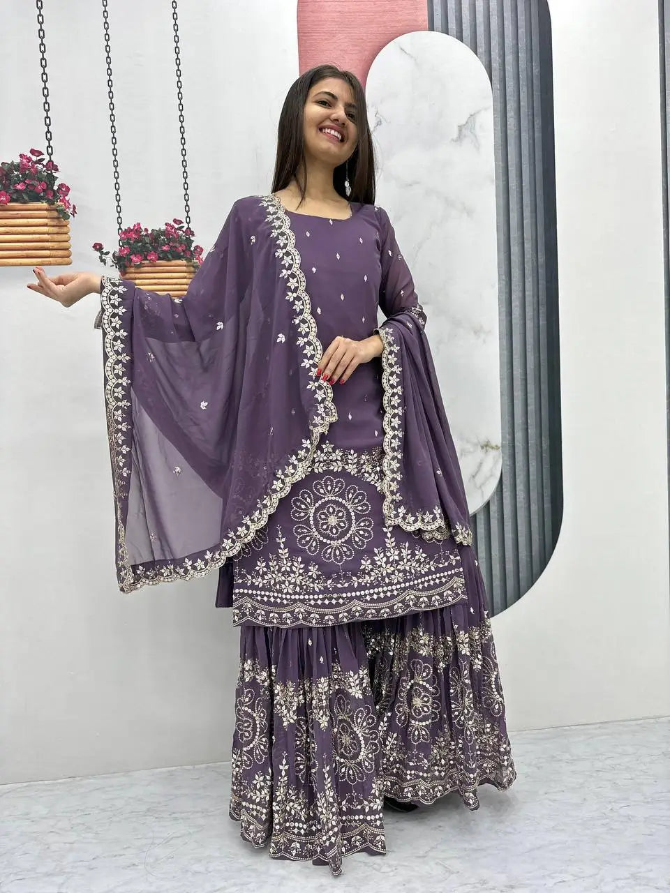 Designer Embroidered Georgette Sharara and Dupatta Set