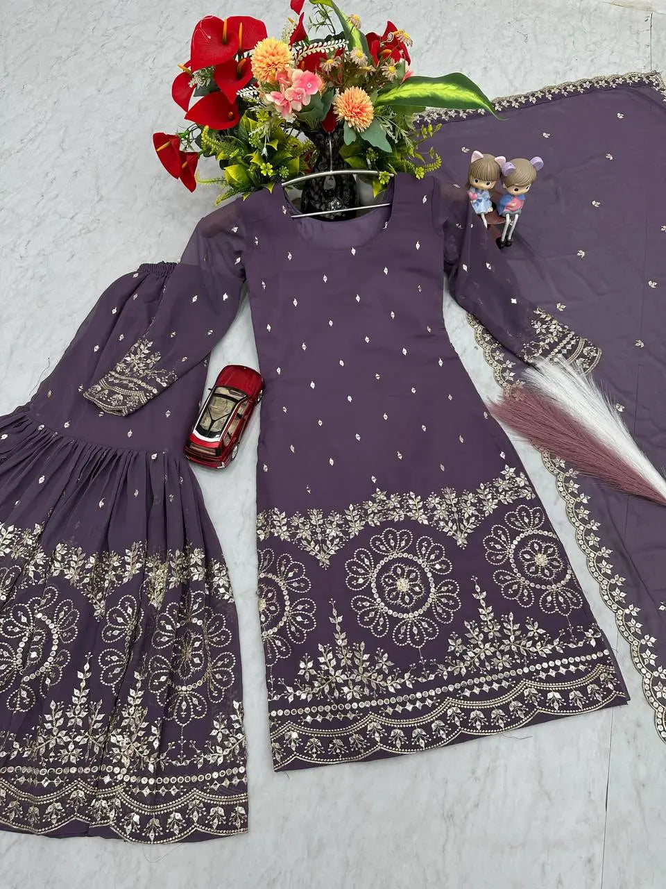 Designer Embroidered Georgette Sharara and Dupatta Set