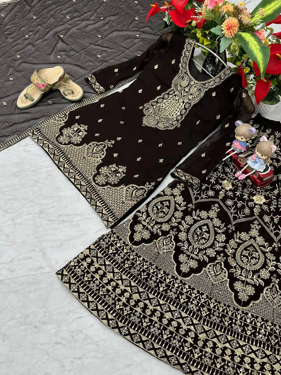 Designer Embroidered Georgette Top Palazzo and Dupatta Set