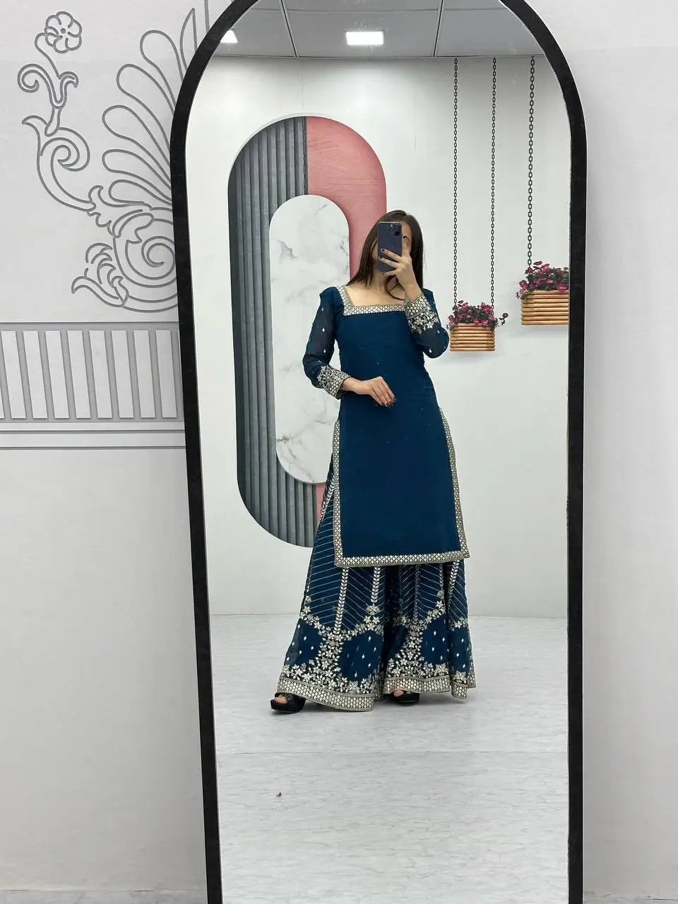 Designer Embroidered Georgette Top Palazzo and Dupatta Set