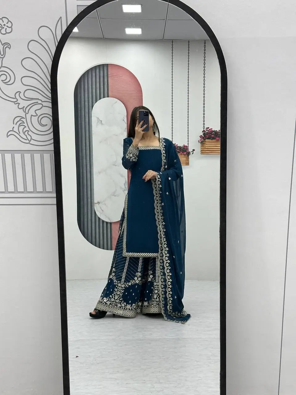 Designer Embroidered Georgette Top Palazzo and Dupatta Set