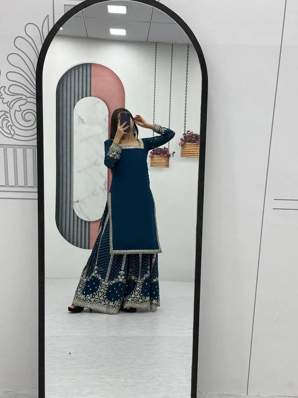 Designer Embroidered Georgette Top Palazzo and Dupatta Set