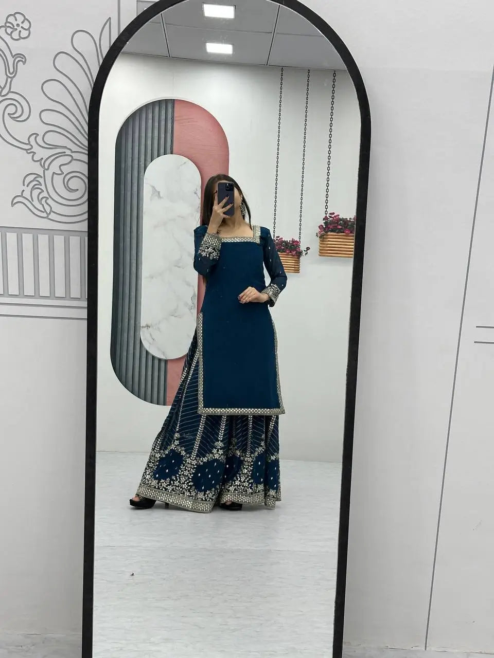 Designer Embroidered Georgette Top Palazzo and Dupatta Set