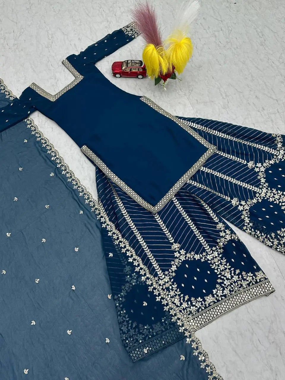 Designer Embroidered Georgette Top Palazzo and Dupatta Set