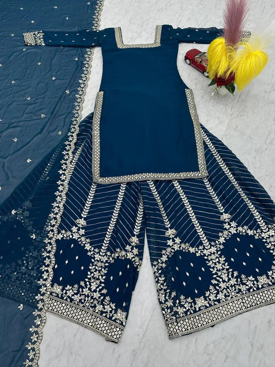 Designer Embroidered Georgette Top Palazzo and Dupatta Set