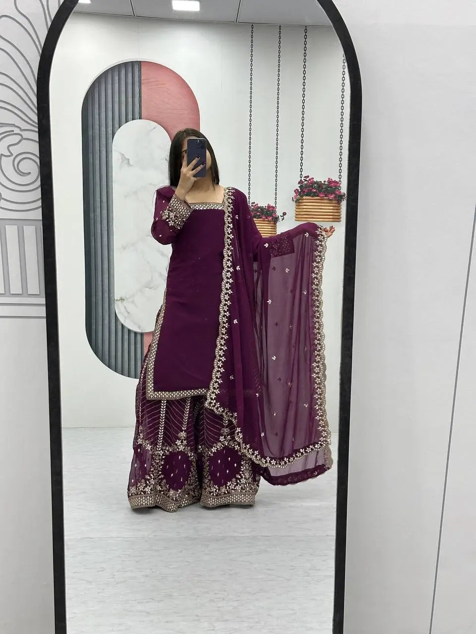 Designer Embroidered Georgette Top Palazzo and Dupatta Set