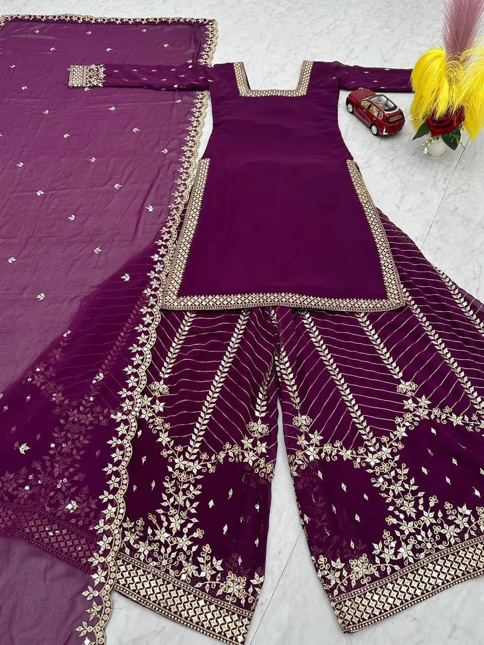 Designer Embroidered Georgette Top Palazzo and Dupatta Set