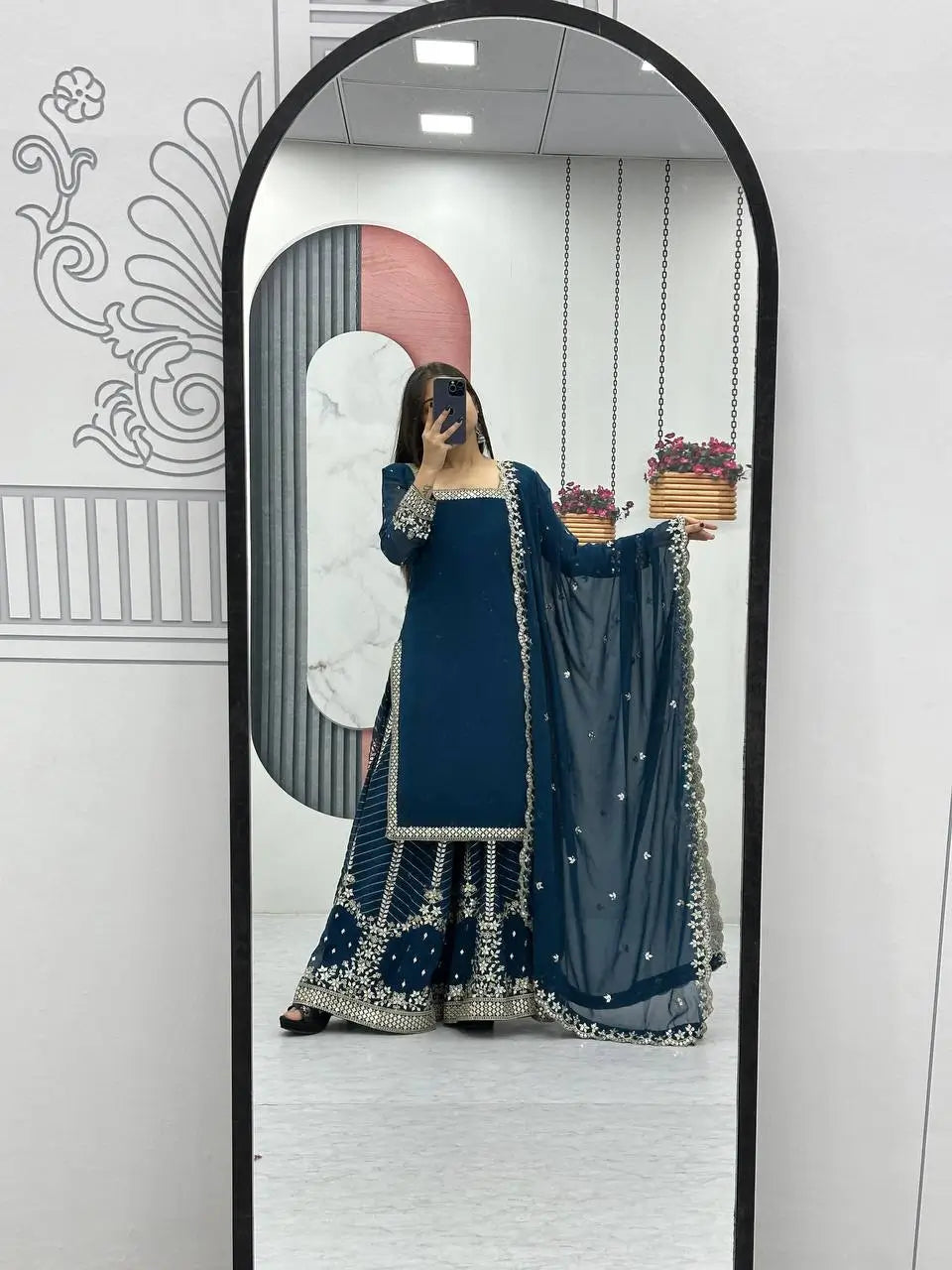 Designer Embroidered Georgette Top Palazzo and Dupatta Set