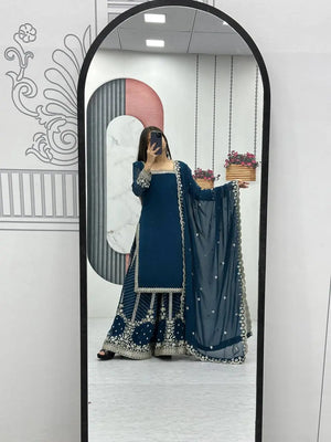 Designer Embroidered Georgette Top Palazzo and Dupatta Set