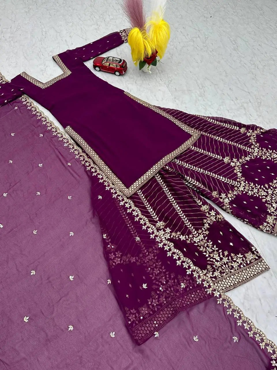 Designer Embroidered Georgette Top Palazzo and Dupatta Set