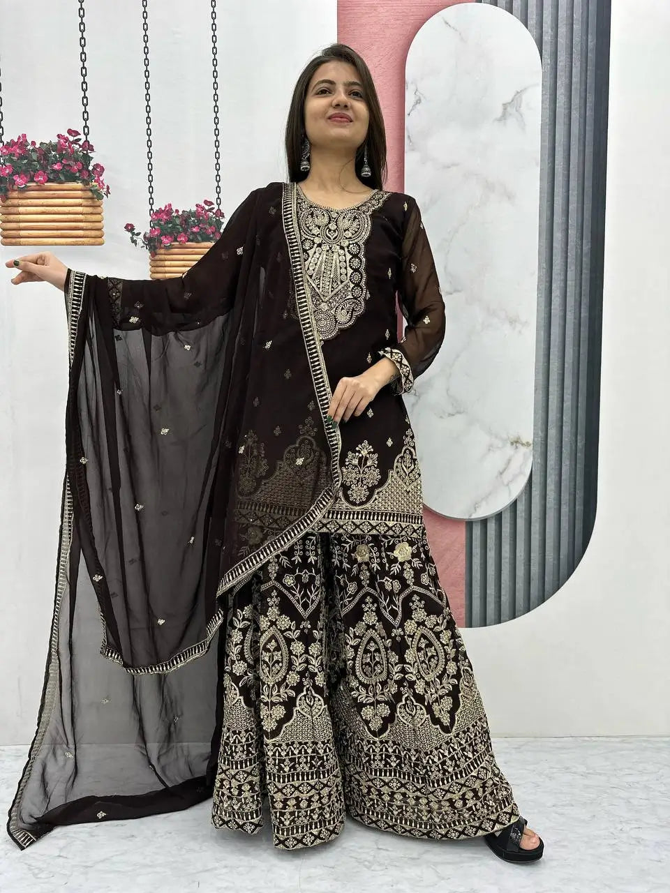 Designer Embroidered Georgette Top Palazzo and Dupatta Set