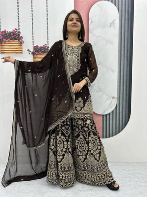 Designer Embroidered Georgette Top Palazzo and Dupatta Set