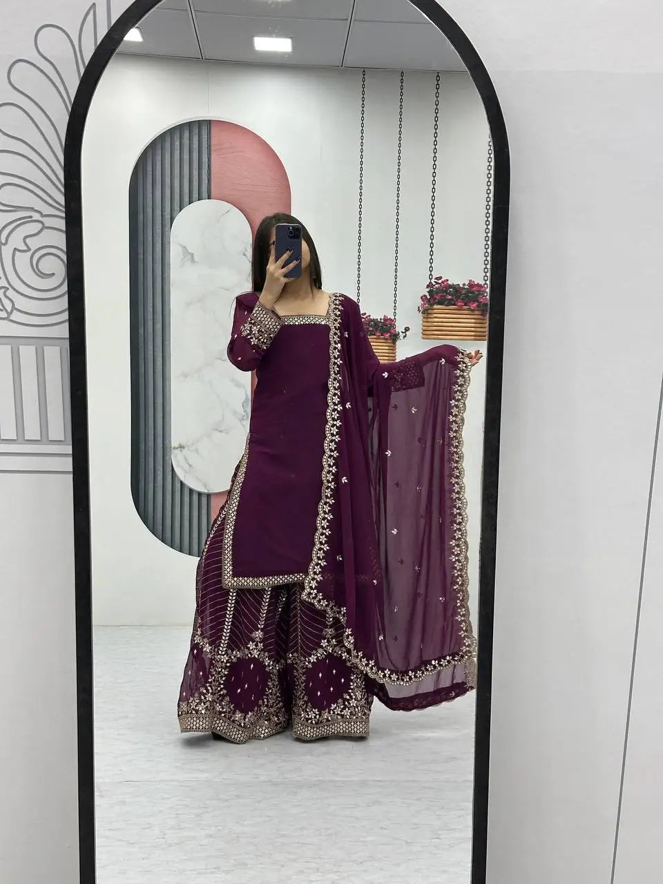 Designer Embroidered Georgette Top Palazzo and Dupatta Set