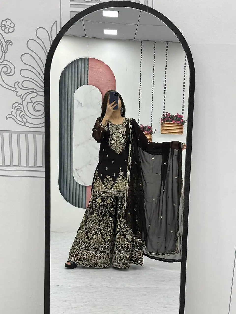 Designer Embroidered Georgette Top Palazzo and Dupatta Set