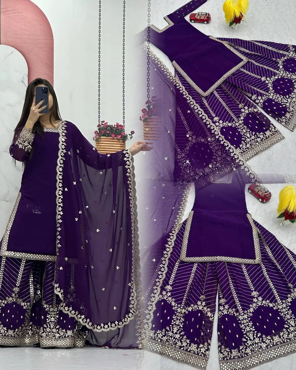 Designer Embroidered Georgette Top Palazzo and Dupatta Set