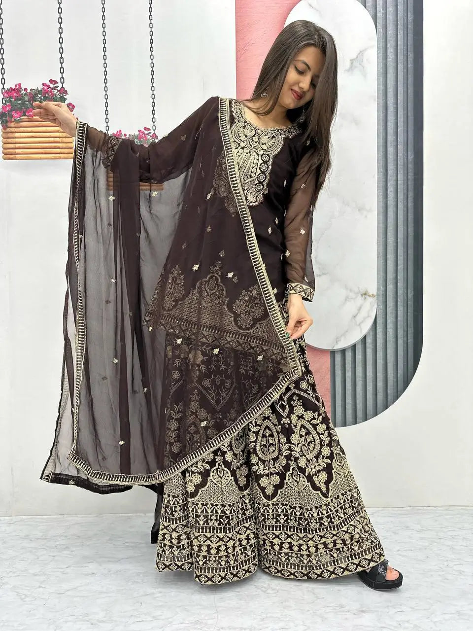 Designer Embroidered Georgette Top Palazzo and Dupatta Set