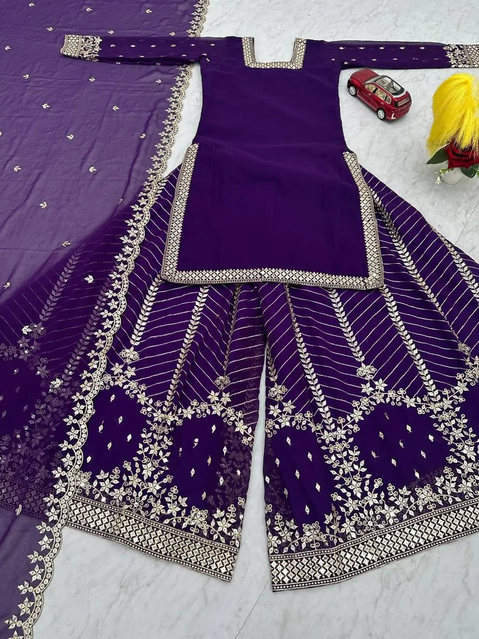 Designer Embroidered Georgette Top Palazzo and Dupatta Set