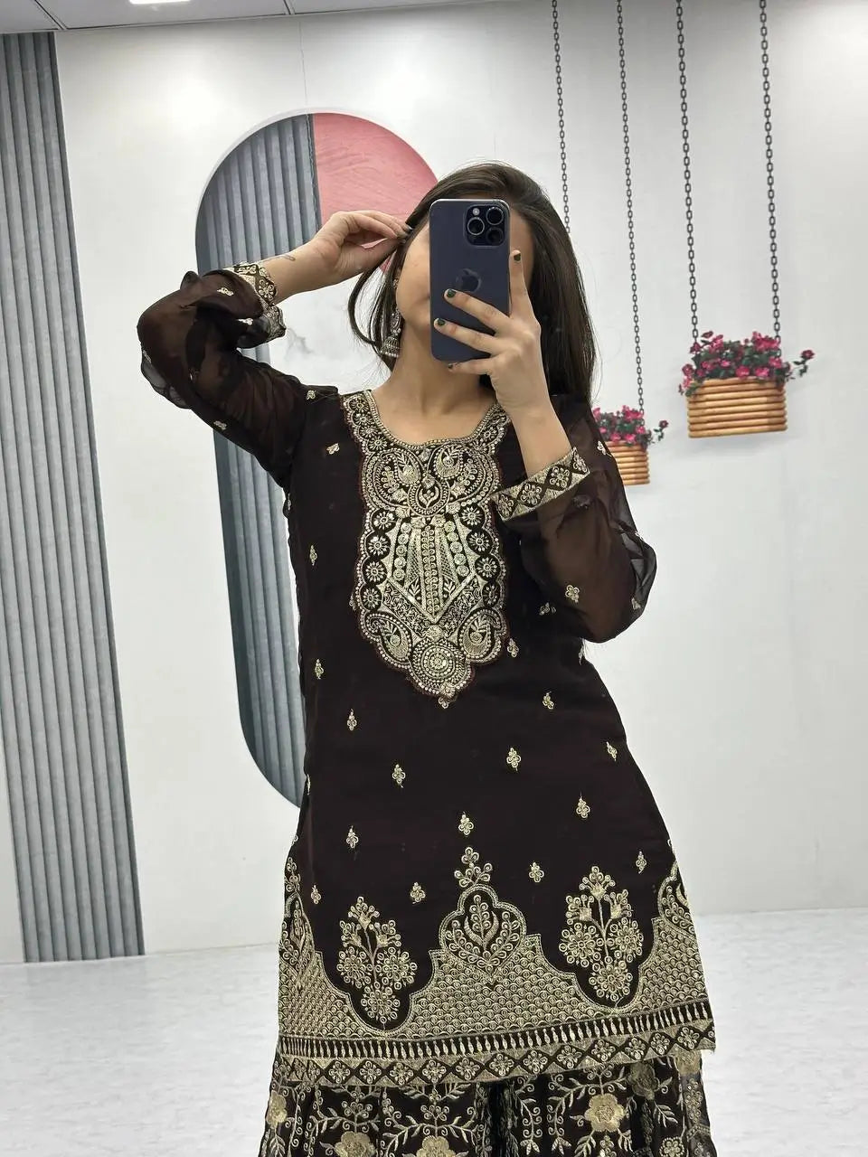 Designer Embroidered Georgette Top Palazzo and Dupatta Set