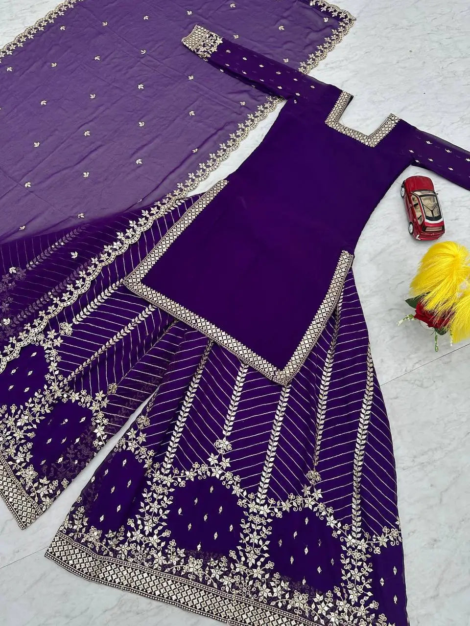 Designer Embroidered Georgette Top Palazzo and Dupatta Set