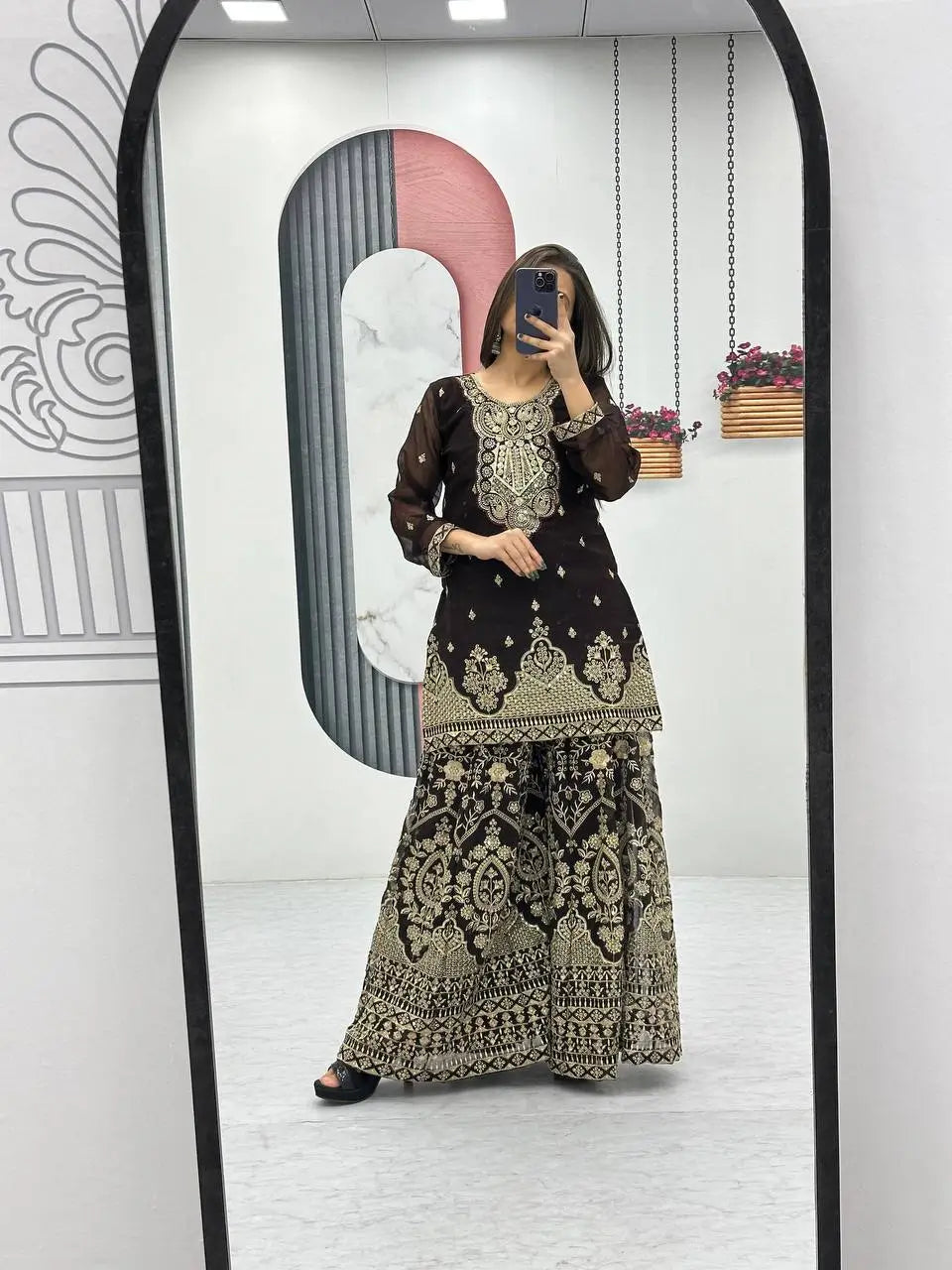 Designer Embroidered Georgette Top Palazzo and Dupatta Set