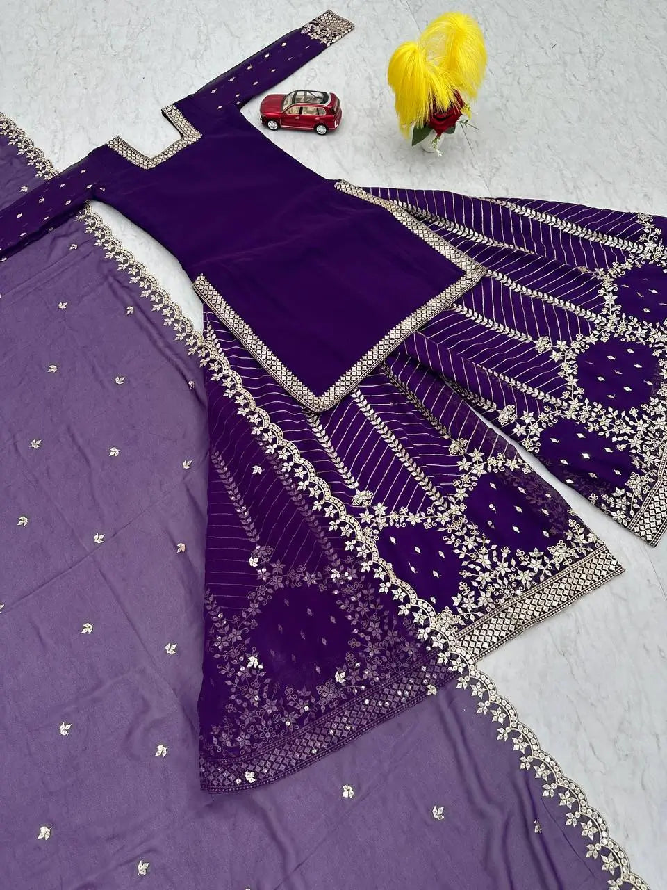 Designer Embroidered Georgette Top Palazzo and Dupatta Set