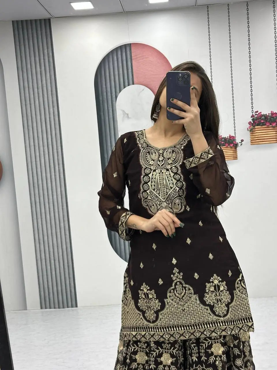 Designer Embroidered Georgette Top Palazzo and Dupatta Set