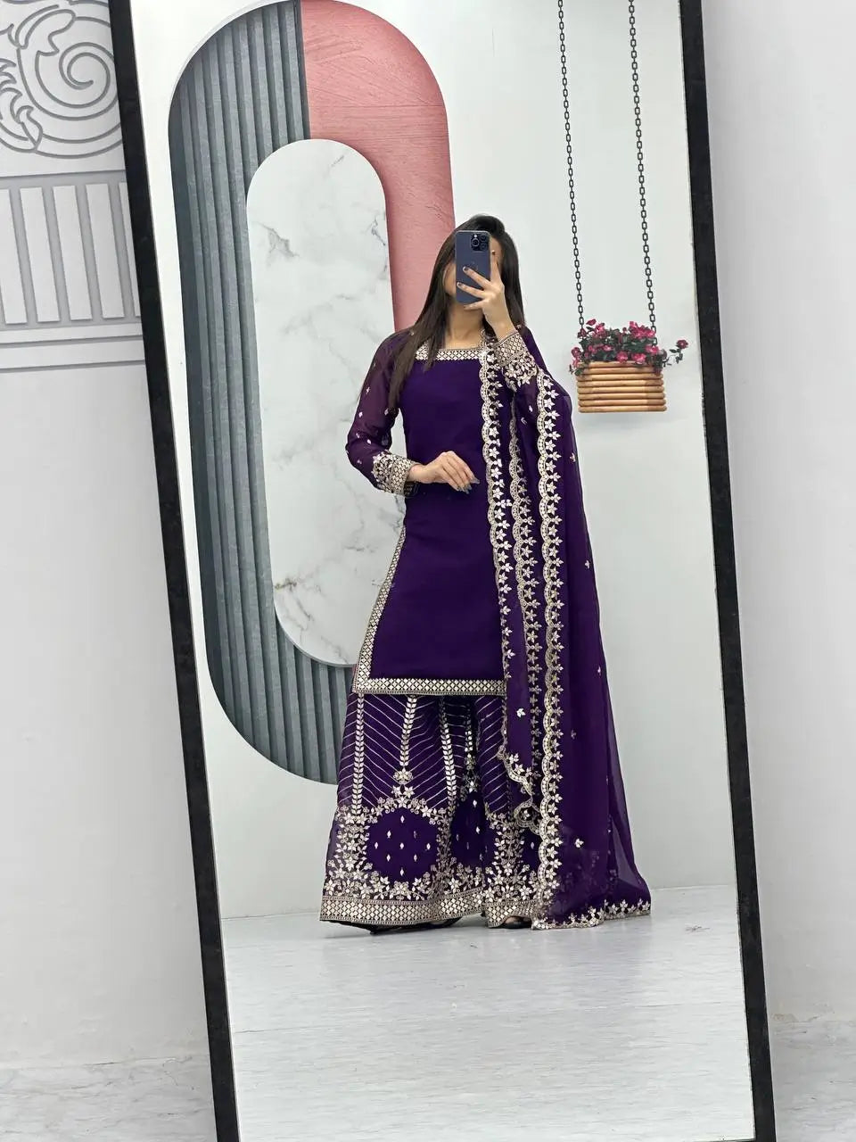 Designer Embroidered Georgette Top Palazzo and Dupatta Set