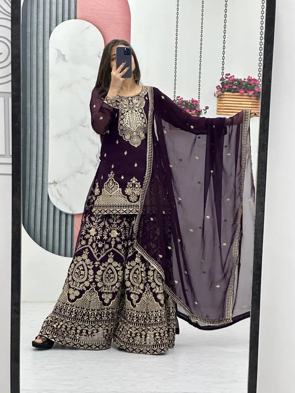 Designer Embroidered Georgette Top Palazzo and Dupatta Set