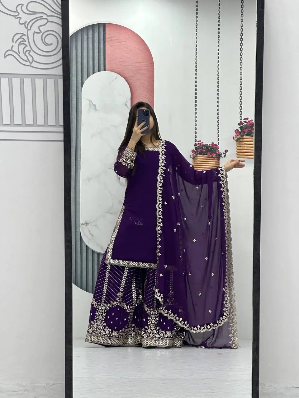 Designer Embroidered Georgette Top Palazzo and Dupatta Set