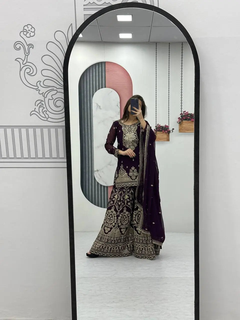 Designer Embroidered Georgette Top Palazzo and Dupatta Set