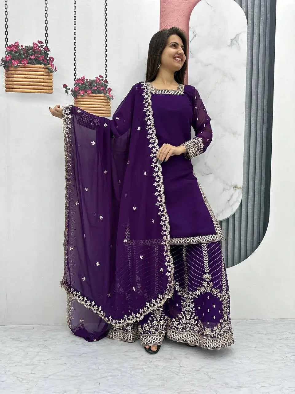 Designer Embroidered Georgette Top Palazzo and Dupatta Set