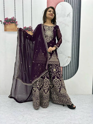 Designer Embroidered Georgette Top Palazzo and Dupatta Set