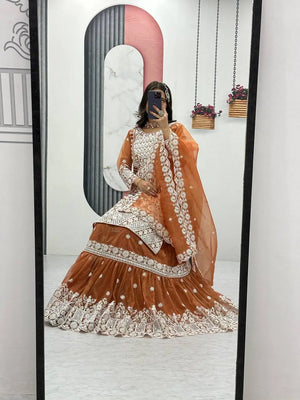 Designer Embroidered Lily Net Top with Farshi Sharara and Dupatta Set