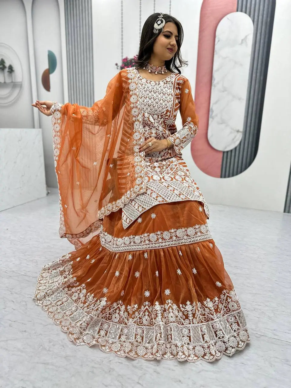 Designer Embroidered Lily Net Top with Farshi Sharara and Dupatta Set