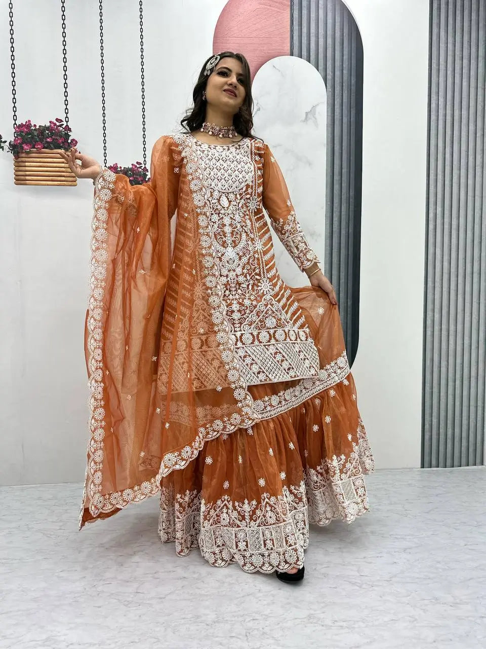 Designer Embroidered Lily Net Top with Farshi Sharara and Dupatta Set