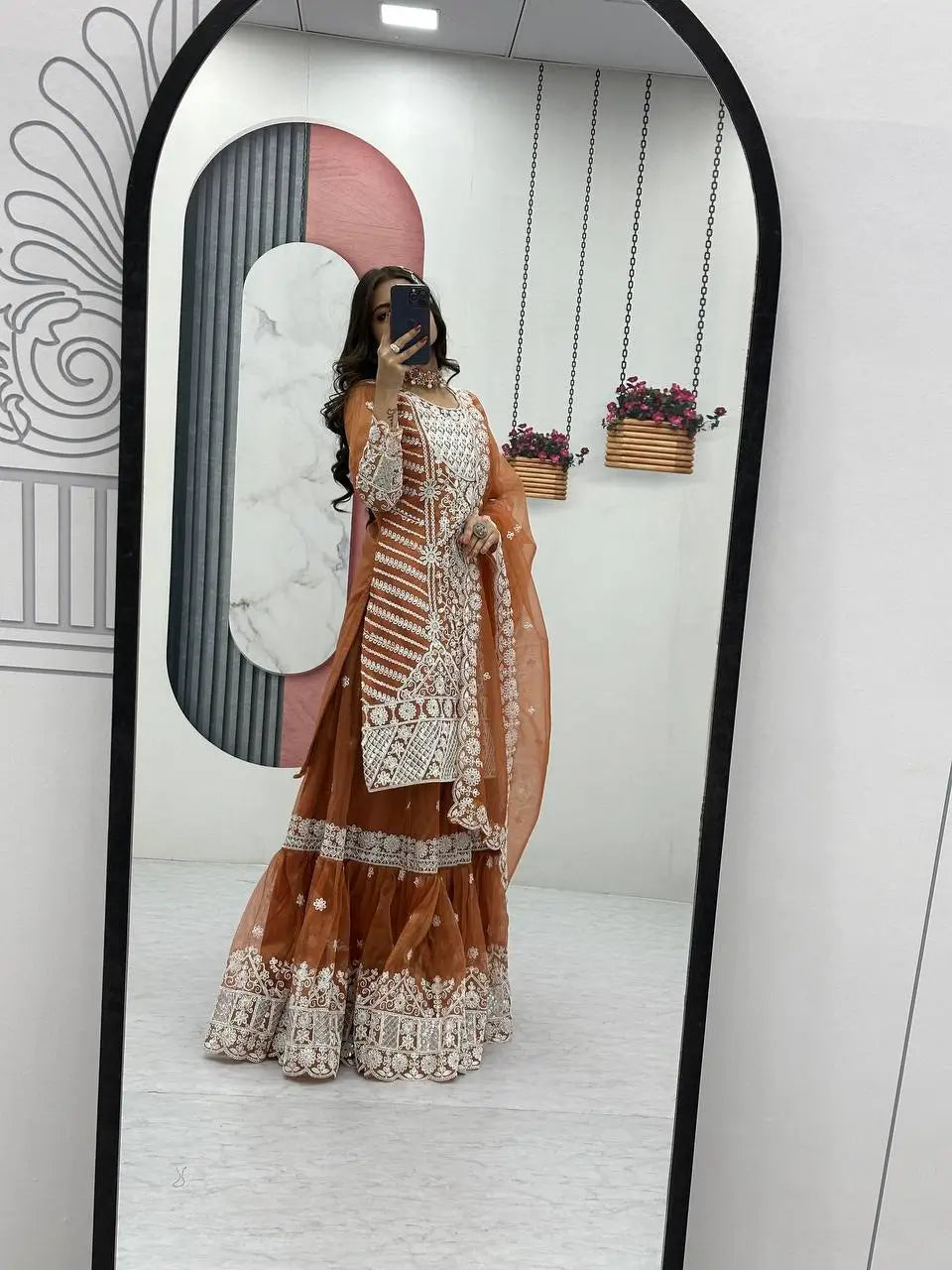 Designer Embroidered Lily Net Top with Farshi Sharara and Dupatta Set