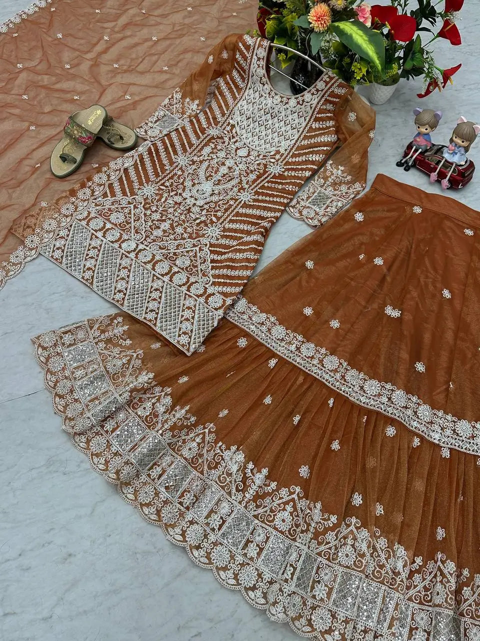 Designer Embroidered Lily Net Top with Farshi Sharara and Dupatta Set